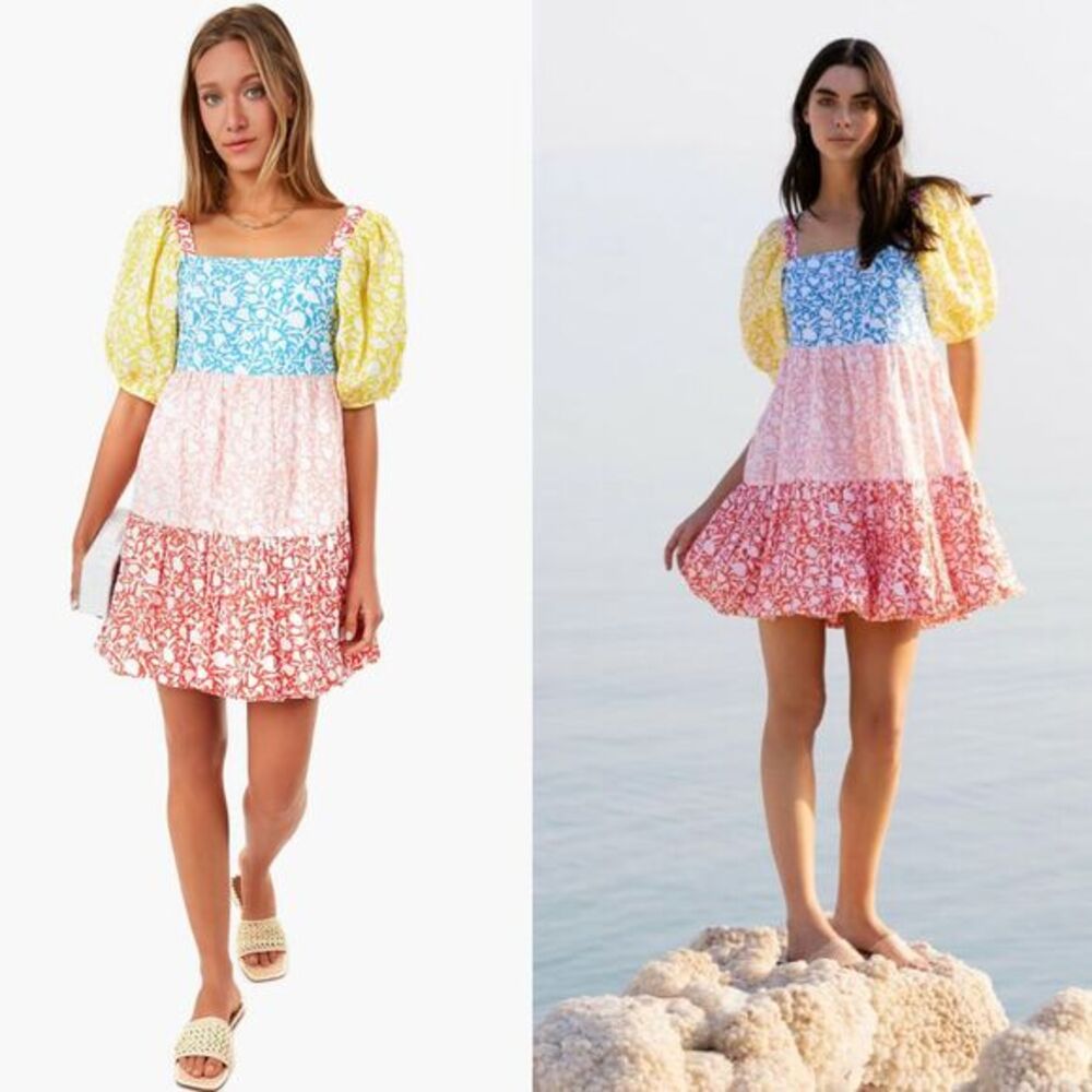 NWT Oliphant Bubble Skirt Puff‎ Sleeve Mini Dress in Canary Multi Women's Size M